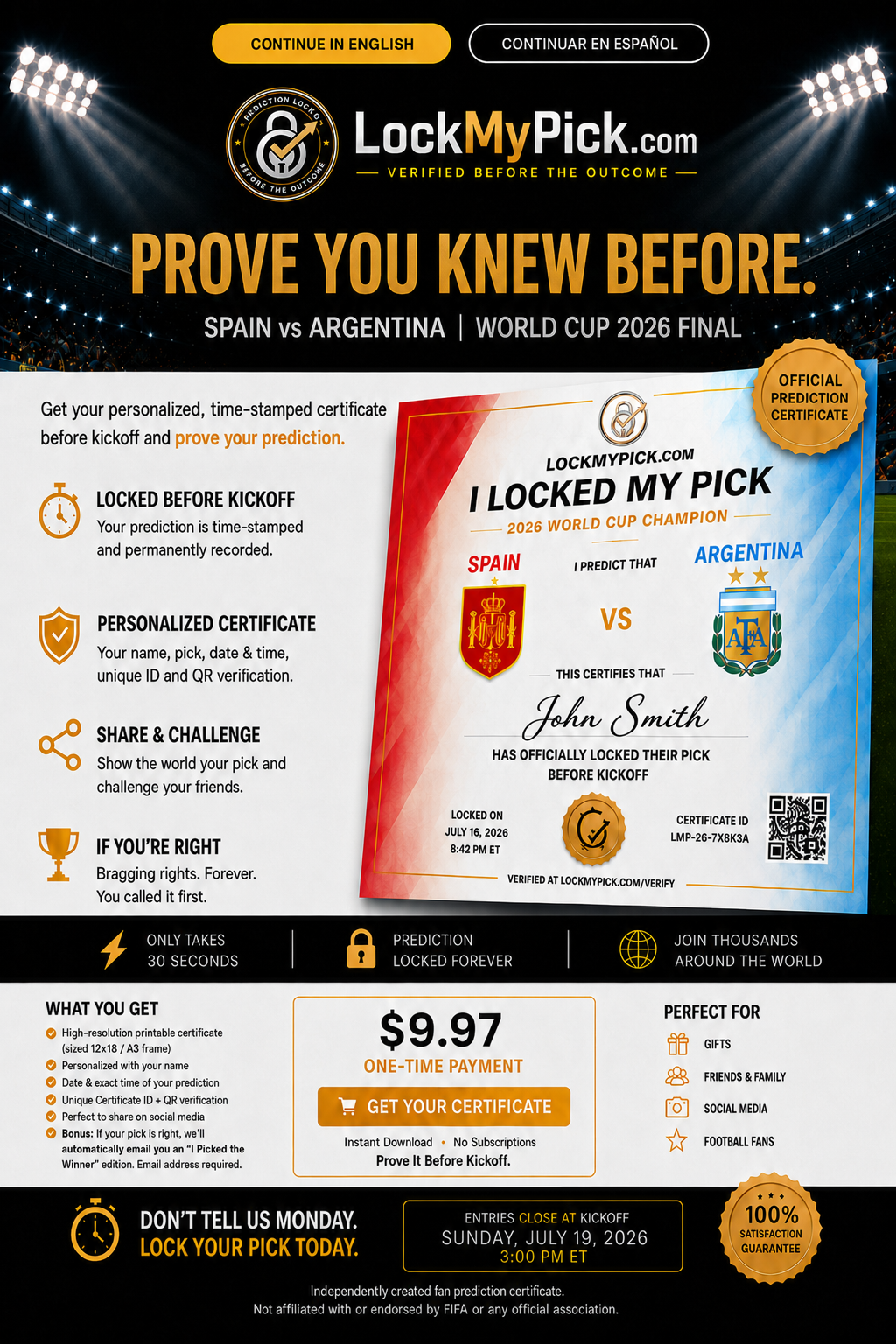 LockMyPick World Cup prediction landing page