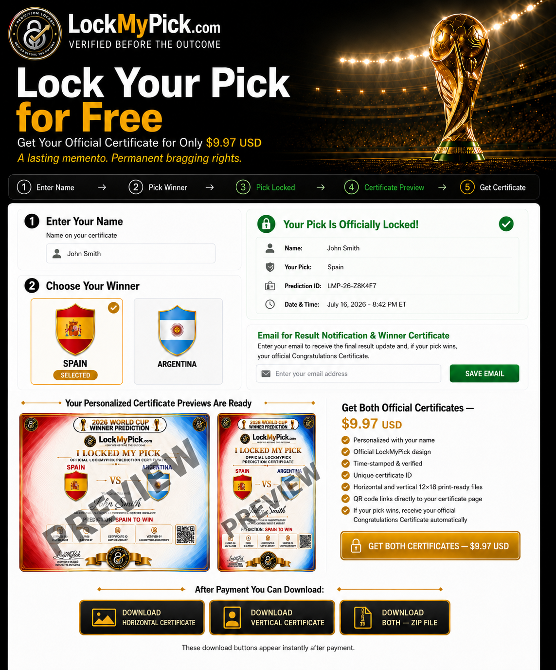LockMyPick pick selection and certificate checkout page